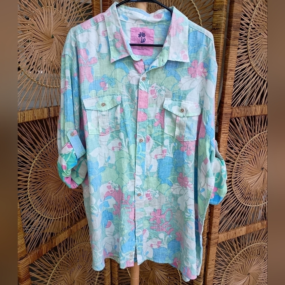 Ocean & Coast Floral Button-Up 100% Linen Shirt XXL